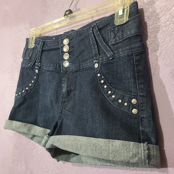 Pasión High Waisted Denim Shorts Rhinestone Button Fly‎ Cuffed Dark Wash 13 - Picture 3 of 8